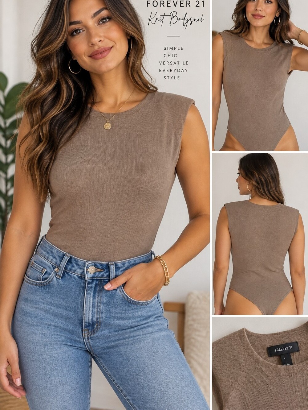 NWT Forever 21 Women's Knit Taupe Sleeveless Bodysuit Neutral Boho